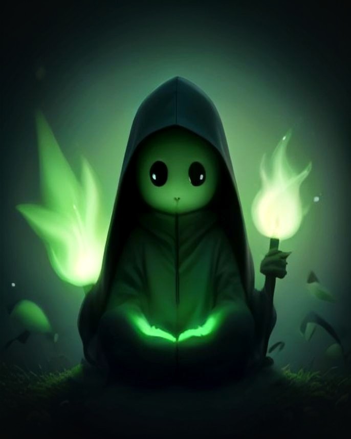 The Hood, mascot of $HOODWARS: a small glowing-eyed wraith meditating with its chart staff