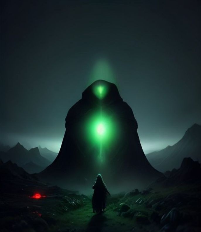 Key art: the Hood, a small glowing wraith, pilgrimaging toward a colossal glowing monolith rising over dark mountains